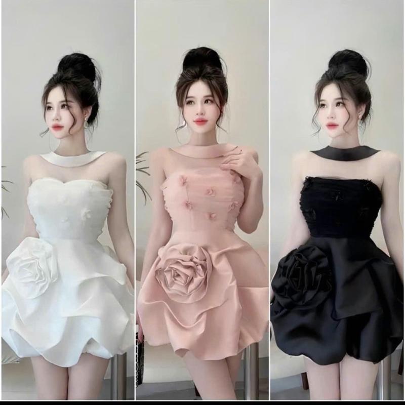 Đầm Tafta cúp Hoa Phối Lưới sang chảnh , đính bông nhún phồng dự tiệc siêu xinh Nữ