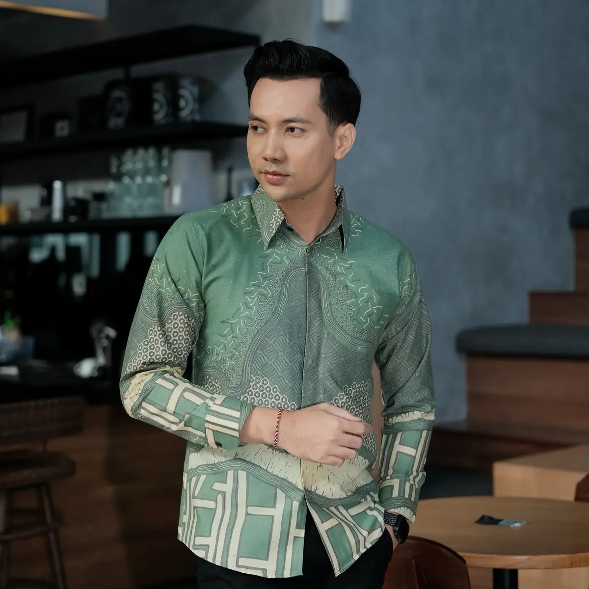 BARA SAGE Kemeja batik pria slim fit furing full katun halus lembut warna sage Kain Tebal Hitam Baju Panjang