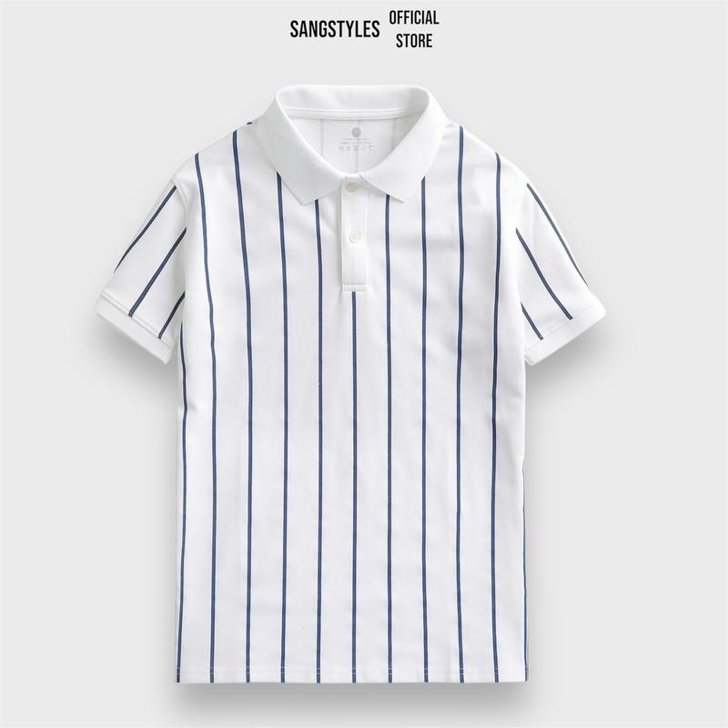 Áo Thun Polo Nam SangStyles Kẻ Sọc Đứng Xanh Đen Chất Vải Cotton Mềm Mát Thấm Mồ Hôi Tốt Ngắn Tay Shirt Menswear Có Cổ