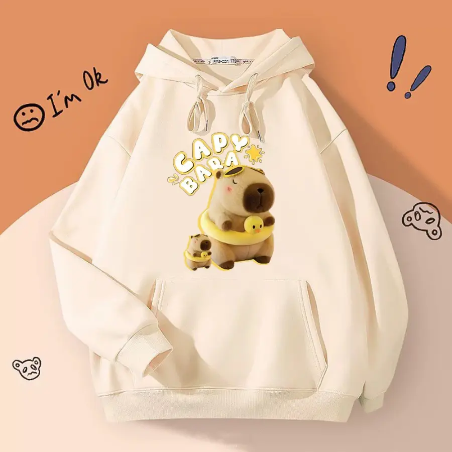 Áo Hoodie Có Túi Hình Capy Bara Đeo Phao Vịt Đáng Yêu - Chất Vải Nỉ Cotton Ấm Áp size từ 10-60kg