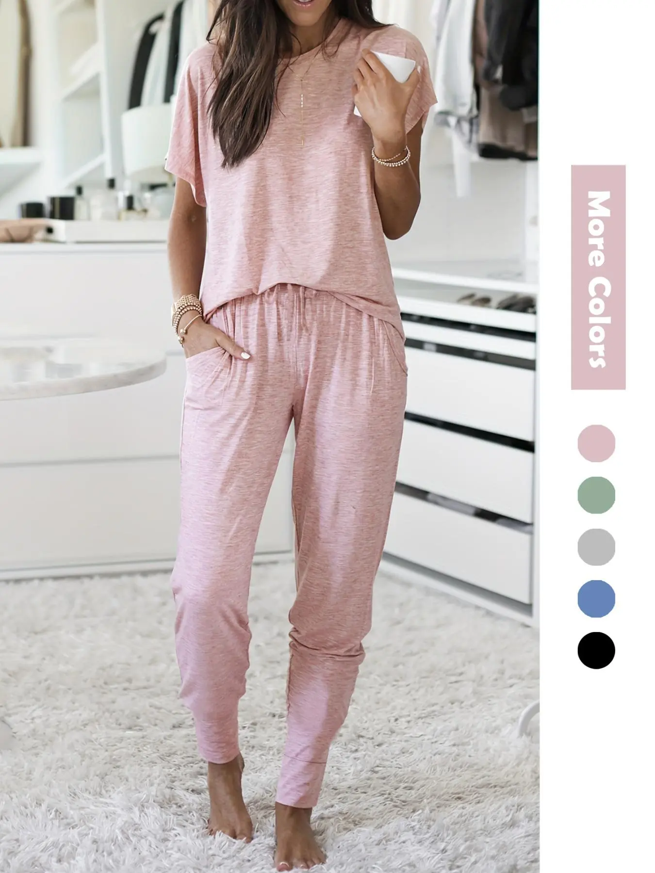 Women's 2pcs Plain Round Neck Tee & Drawstring Waist Pants Loungewear Set, Crew Neck Short Sleeve T-Shirt & Trousers Comfort PJ Set For Homewear, Casual Comfy Pyjama, Women's Sleepwear For Summer, Pajamas