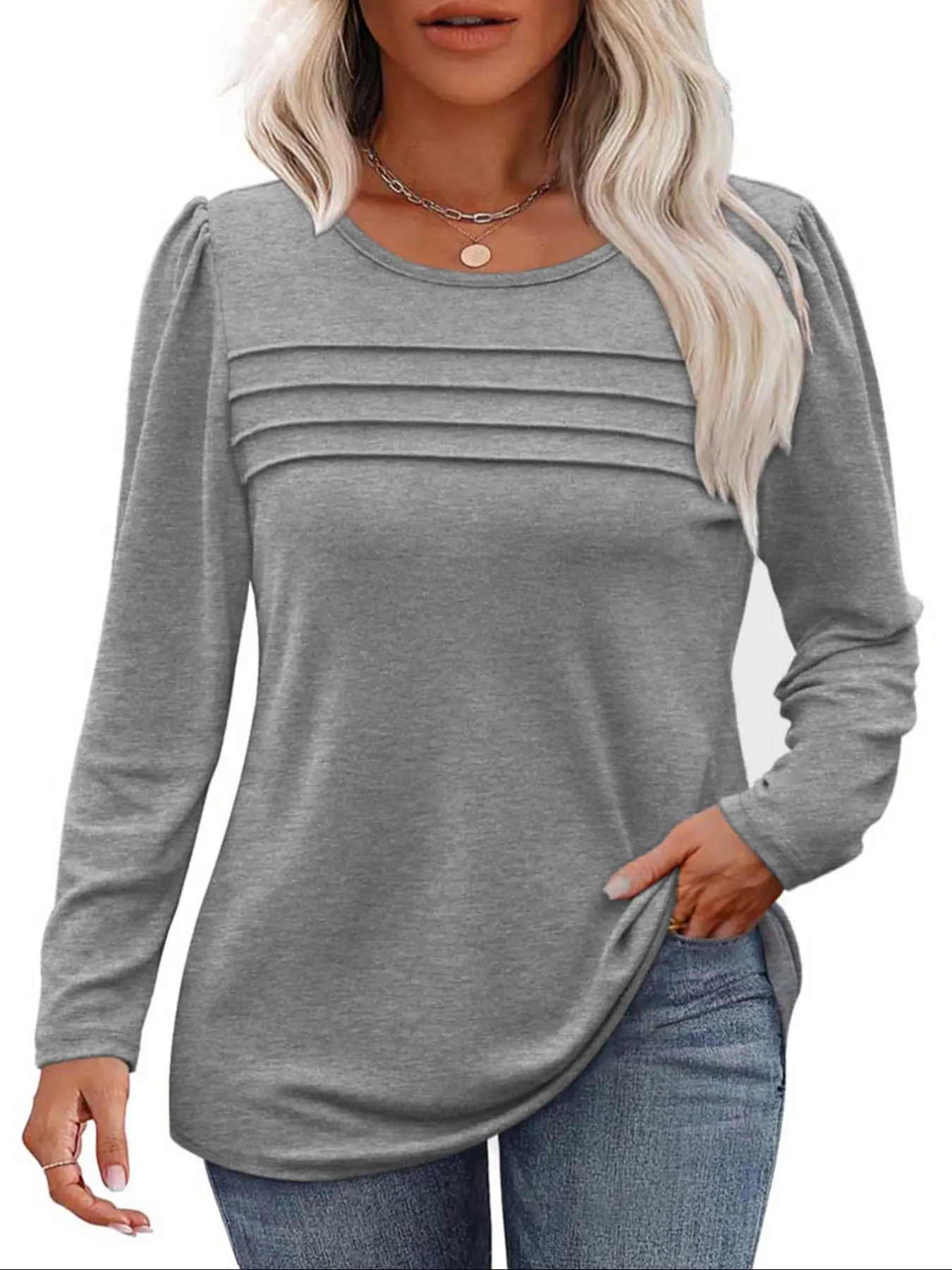 【Plus Size】 Solid Color Round Neck Tee, Casual Long Sleeve Crew Neck T-shirt for Daily Wear, Tops for Women, Women's Clothing for All Seasons