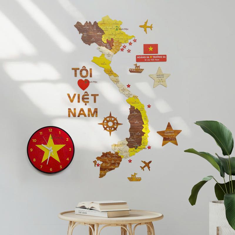 [Combo] đồng hồ và bản đồ gỗ Việt Nam đầy đủ Quần đảo Hoàng Sa và Quần đảo Trường Sa nhà Bách Mộc Decor Decor Phòng