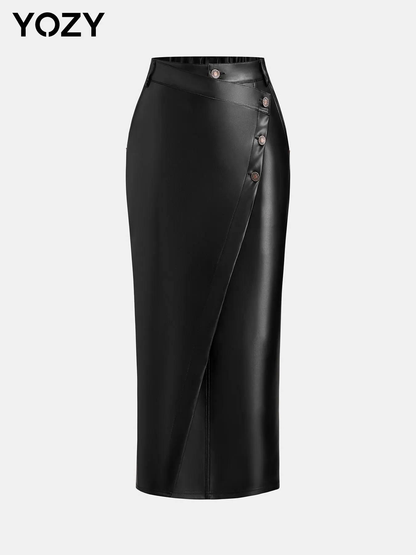 YOZY Women's Solid Button Split Hem PU Leather Skirt, Fashion Casual Long Skirt for Daily Outdoor Wear, Ladies Bottoms for All Seasons