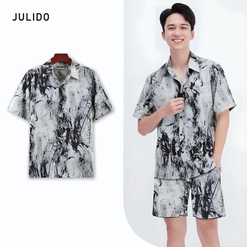  Bộ  áo sơ mi+quần  nam JULIDO chất vải đũi lụa mịn mát cổ sơ mi thoáng mát tay ngắn vân  mùa hè Tay ngắn Kẻ sọc Tay ngắn Menswear 