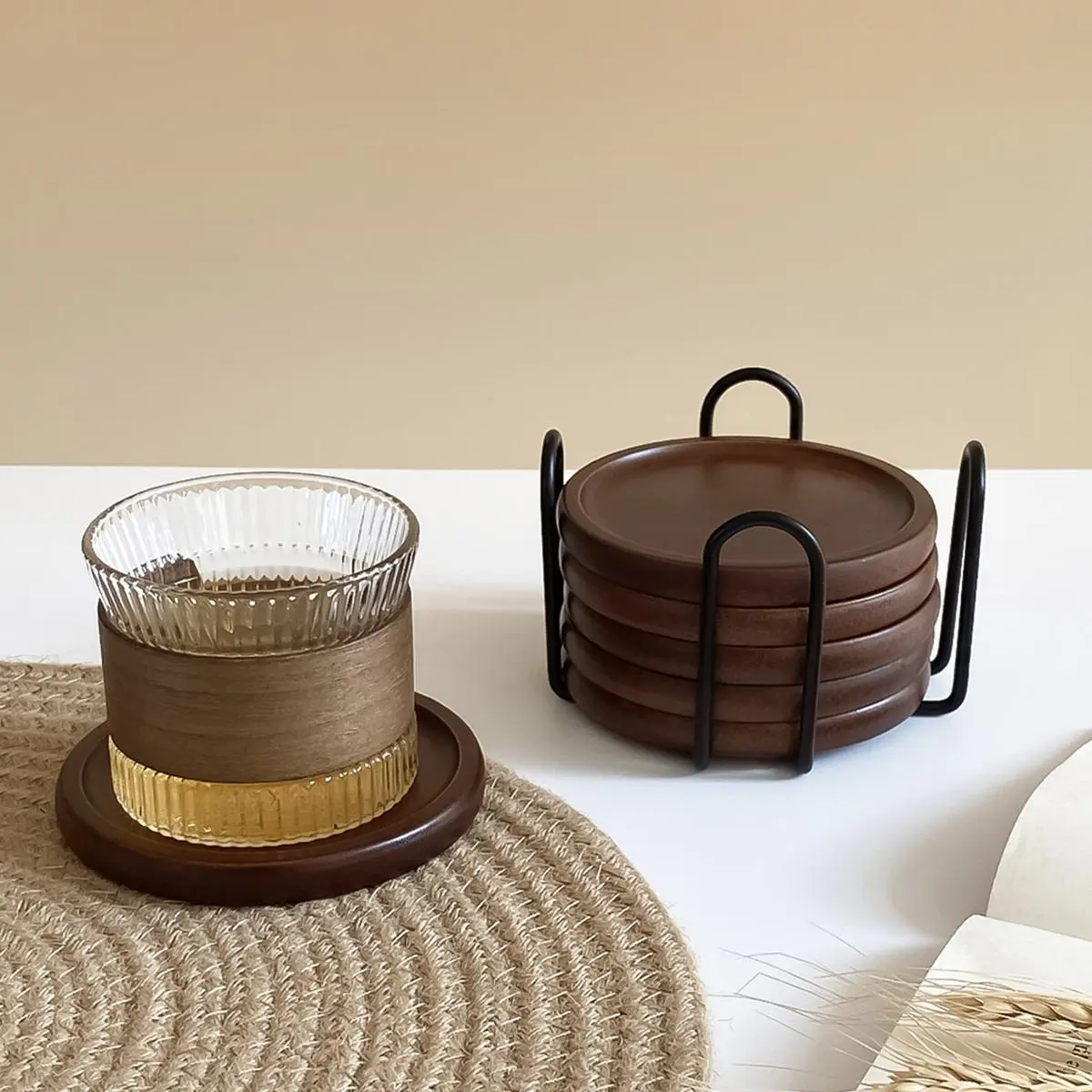 Wooden Coaster, 1 Set Round Heat Resistant Cup Mat, Household Decorative Coaster for Home Kitchen Dining Room Office