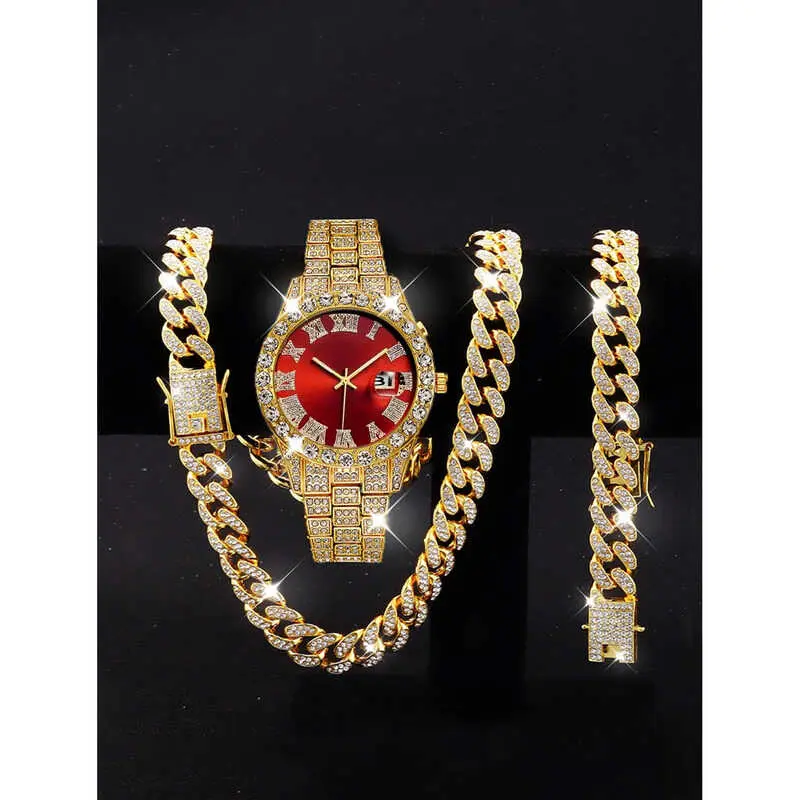 3PCS alloy full diamond rhie mirror men's quartz watch with calendar and Hip Hop Cuban Necklace bracelet set