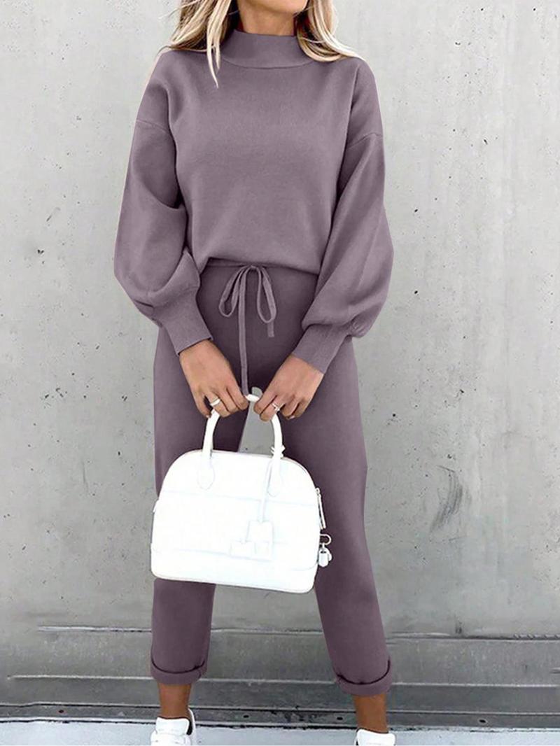 Product Introduction of Women's Solid Drop Shoulder Mock Neck Sweatshirt & Drawstring Waist Pants Two-piece Set, Casual Fashion Cozy Breathable Two Piece Outfits for Daily Outdoor Wear, Women Clothes for Fall & Winter 2