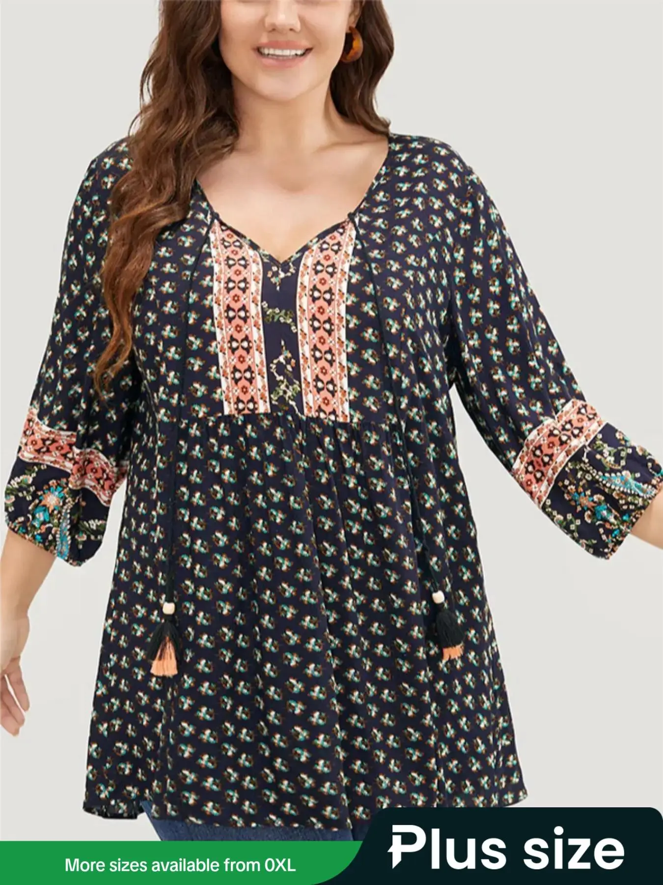 【Plus Size】 All Over Print Tassel Decor Bishop Sleeve Blouse, Boho Casual Tie Neck 3/4 Sleeve Top for Summer, Women's Clothes for Daily Wear