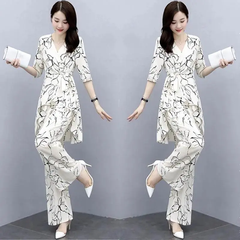 Single/suit women's summer 2023 New temperament large size fashionable chiffon shirt loose belly-covering wide-leg pants two-piece set Sleeve Womenswear Laces Overalls Simple Lingerie