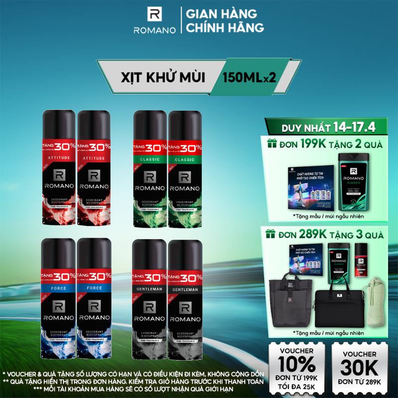[THÊM 30% GIÁ KHÔNG ĐỔI] Combo 2 Xịt khử mùi toàn thân Dưỡng Body ngăn mồ và mùi cơ thể cho nam Romano Attitude/ Gentleman/ Force/Classic