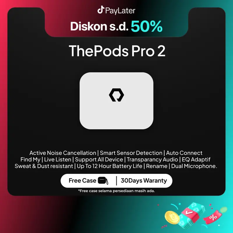 [Guncang 6.6] [FREE CASE] ThePods Pro 2nd TWS H2 chip Wireless Charging Case by Pods Indonesia Earbuds Bluetooth 2