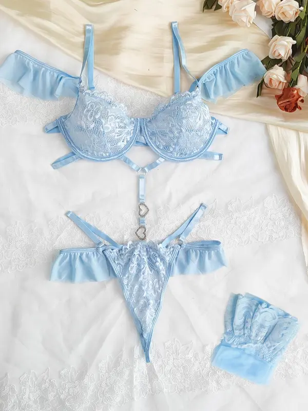 Women's Lace Sexy Lingerie Three-piece Set, Solid Color Push Up Bra & Thong & Stocking, Lingerie Set for Women 2