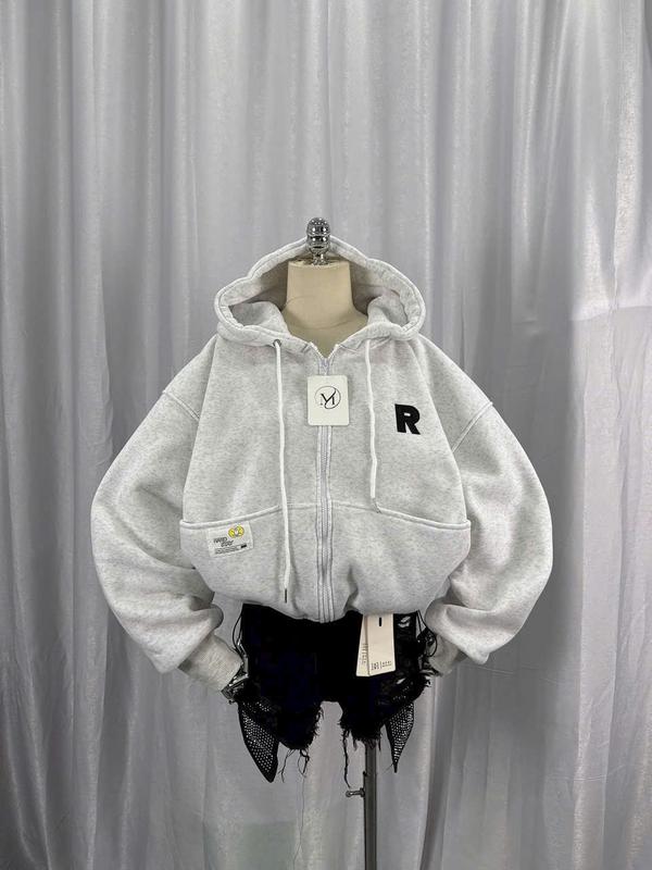 Áo Khoác Hoodie Dây Kéo Thêu LOGO R Vải Nỉ PE Phối Túi Nón lớn From Croptop Rộng Phong Cách Hàn Quốc Hot Trend áo  khoác  nỉ  dày  dặn 6