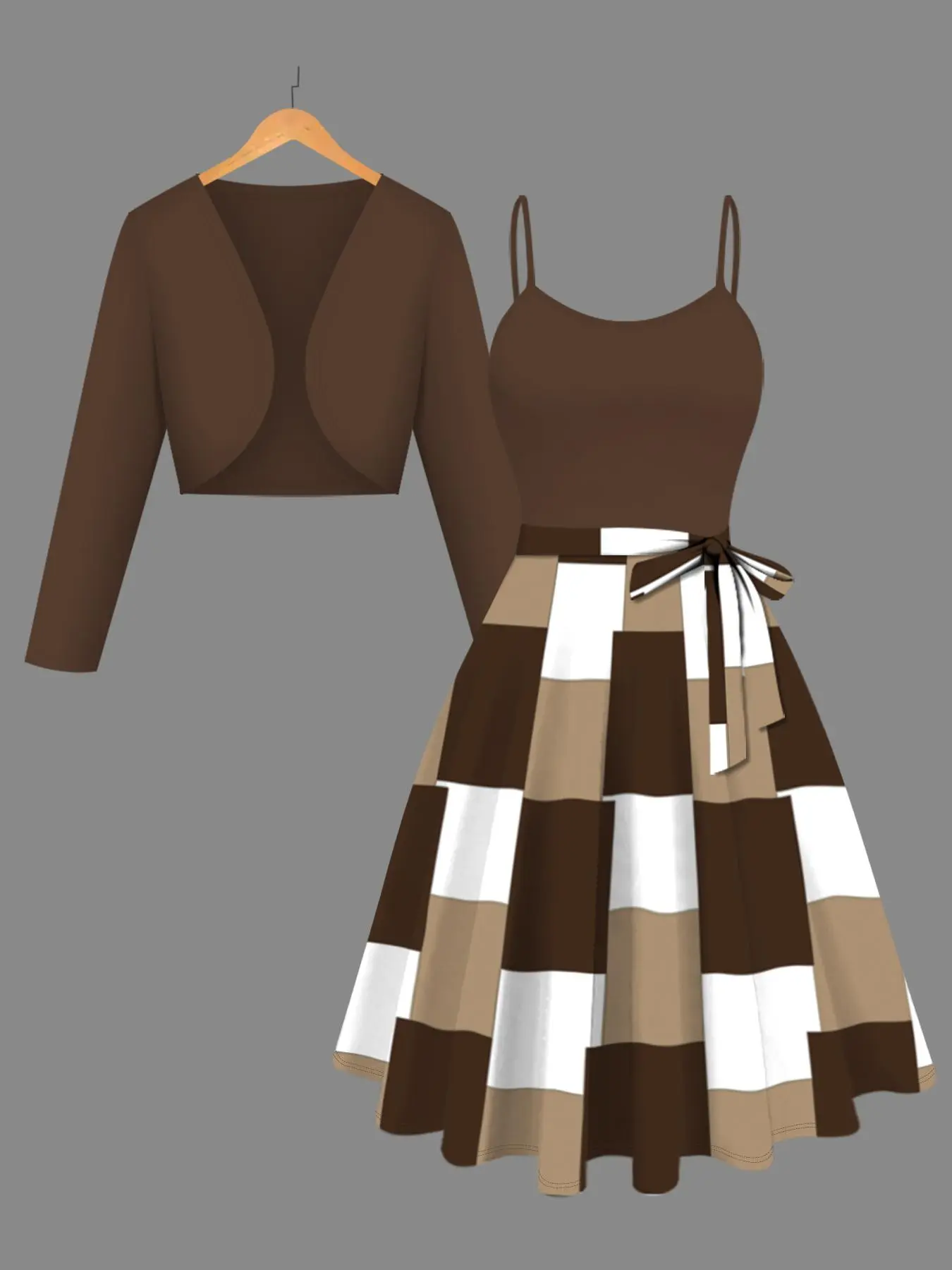 【Plus Size】 Solid Color Open Front Cardigan & Plaid Patchwork Cami Dress Set, Casual Fashion Cozy Two-piece Outfits for Daily Outdoor Wear, Women Plus Clothing for Spring Fall