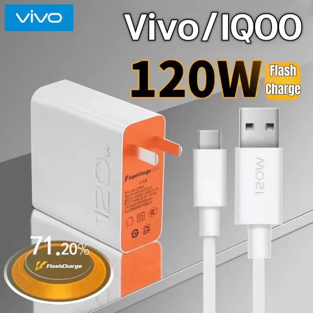 Vivo 120W แฟลชชาร์จ, อะแดปเตอร์ชาร์จเร็ว, สาย USB Type-C, เข้ากันได้กับ Vivo IQOO 10, 9, 8, 7, 6, 5, Pro, Neo 7SE, Z7, Z6, X90, X80, X70 Pro, การชาร์จซุปเปอร์ประกาย, ต้นฉบับ