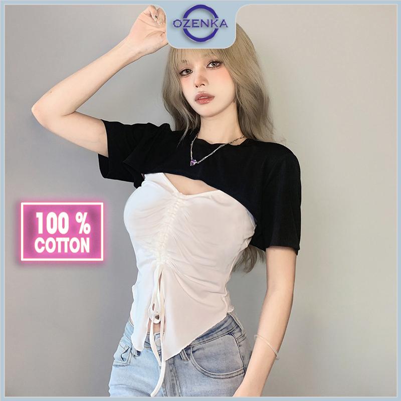 Set áo croptop cộc tay áo 2 dây rút dây sẻ giữa gợi cảm OZENKA áo crt kiểu ôm body mix màu đen trắng size dưới 52 kg Cotton Nữ Thun Cổ Tròn Jean Áo Thun Kem Women Kem Women Lịch