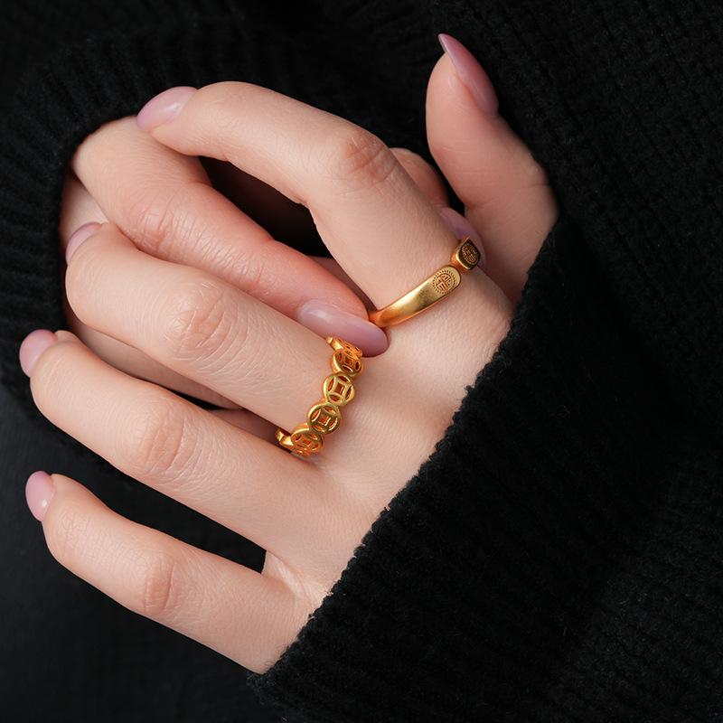 Product Introduction of Real gold electroplating ancient method gold blessing copper coin ring female light luxury high-end index finger ring new Chinese style retro hand jewelry miduoduo 12