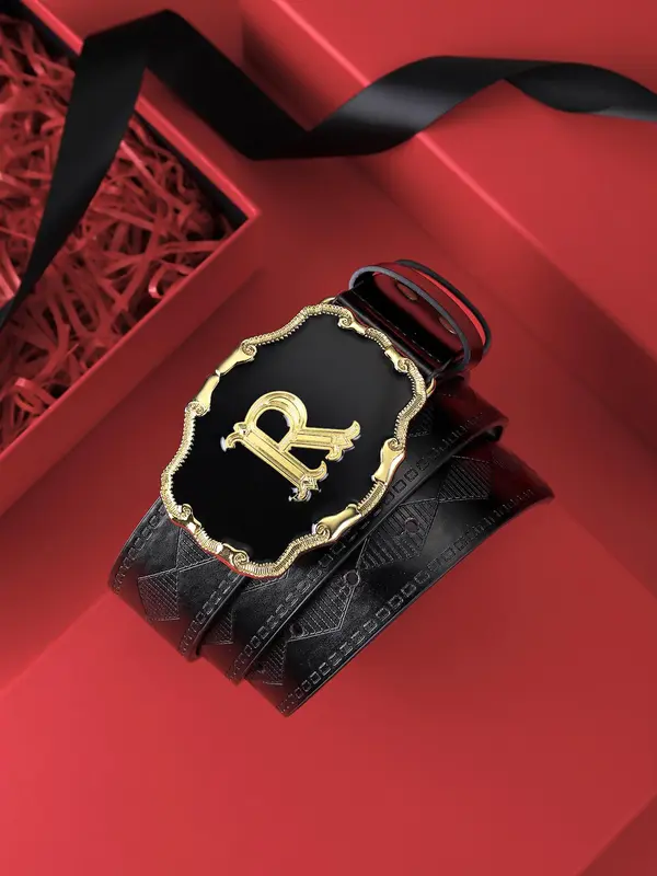 Men's Vintage Letter Pattern Decorative Belt, PU Leather Buckle Belt, Business Casual Waistband for Trousers, Fashion Clothes Accessories for Daily Clothing Decoration, without Box 0