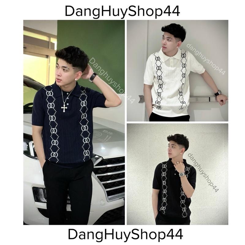 Áo Polo Len Dệt Nam Q.C, Hoạ Tiết Dệt Chữ Dọc 2 Bên Áo, Chất Liệu Len Thỏ Cao Cấp, 3 Màu XANH THAN-ĐEN-TRẮNG