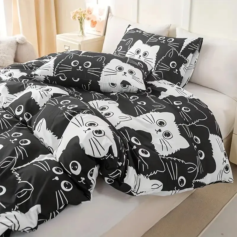Cat Pattern Bedding Set, 3 Counts/set Including 1 Count Quilt Cover & 2 Counts Pillowcase without Filler, Soft Comfortable Bedding Set for Bedroom 4