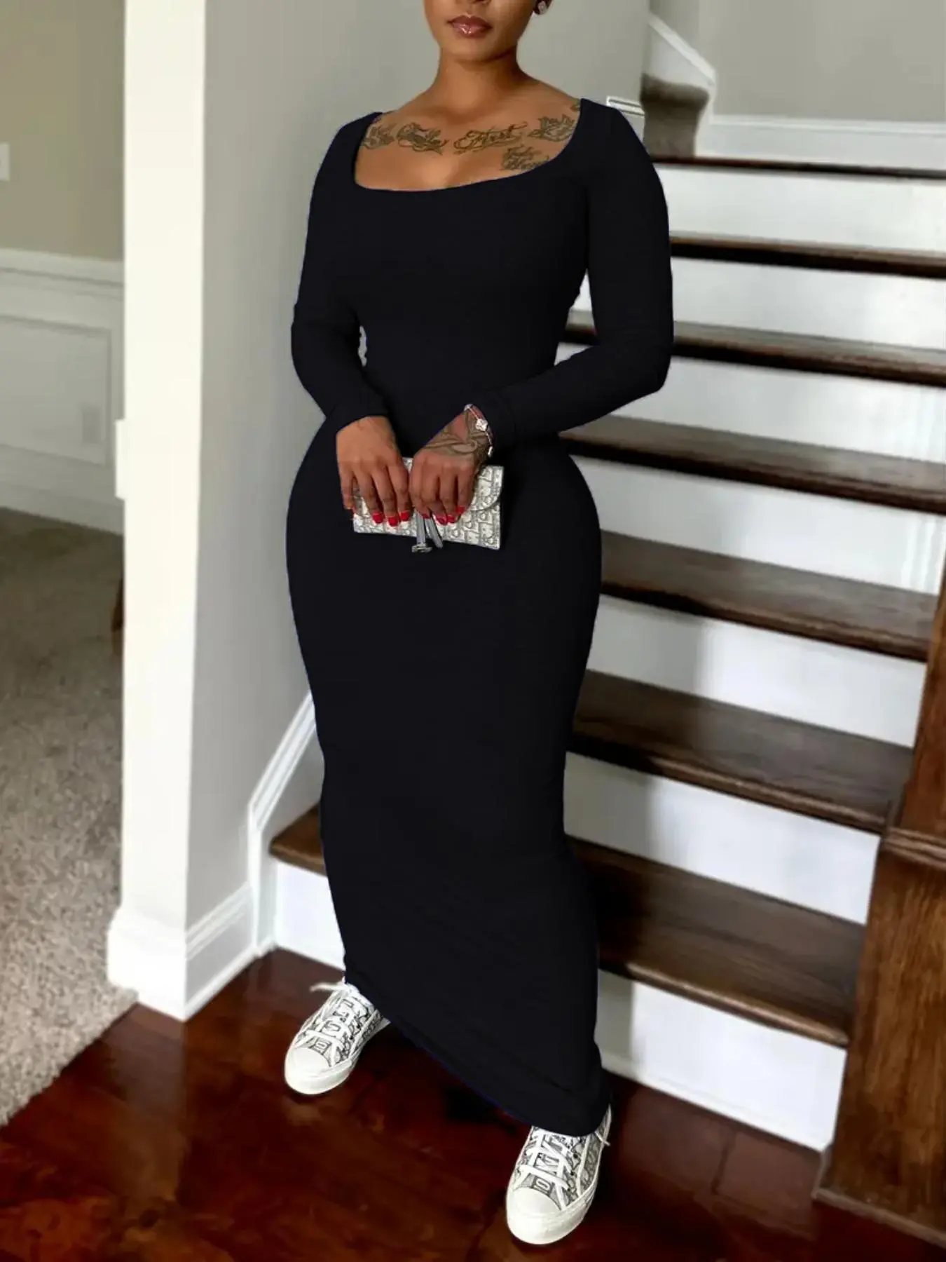 Women's Solid Color Dress, Casual Fashion Long Sleeve Dress for Party Club Dating Wear, Ladies Dress for All Seasons