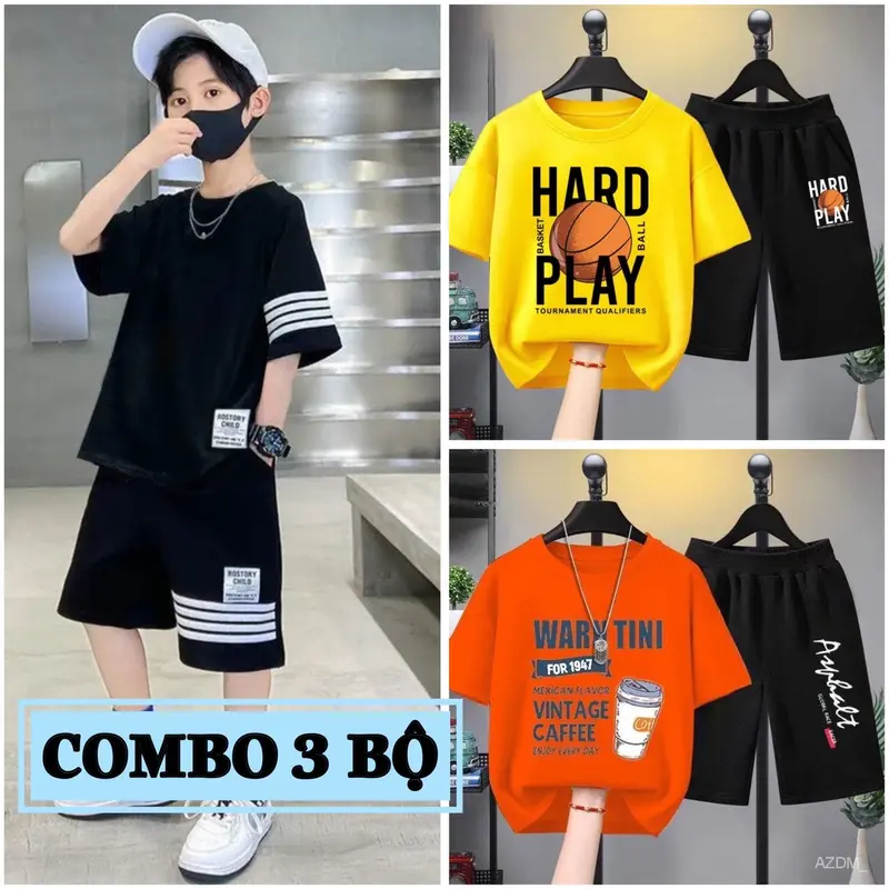 Combo 3 Bộ quần áo bé trai mùa hè size đại từ 17 đến 40kg, chất thun co giãn, mềm mát, phong cách Hàn Quốc cho bé trai từ 5 đến 14 tuổi, dáng quần đùi áo cộc tay thể thao. set đồ 5