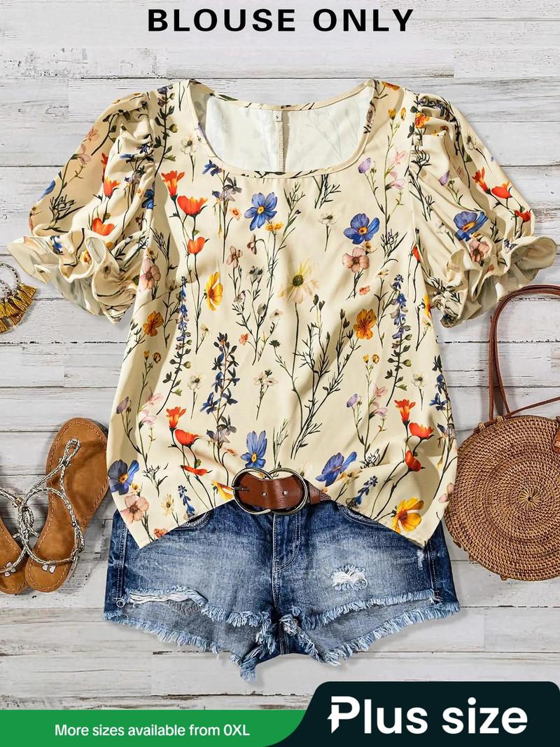 Product Introduction of 【Plus Size】 All Over Floral Print Blouse, Casual Short Sleeve Top for Daily Wear, Women Plus Clothing for All Seasons 1
