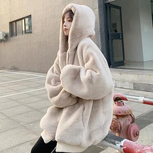 韓国スタイルのルーズぬいぐるみコート人工冬レックスウサギの皮の模造毛皮ミッドレングス大きいきいサイズ太いフード払いきコート