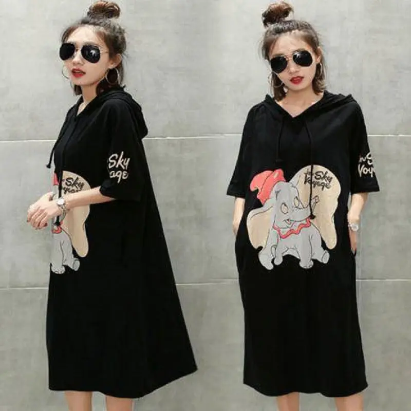 Oversized 150kg Korean style women midi hoodie T-shirt dress round neck half short sleeves cartoon printed dress