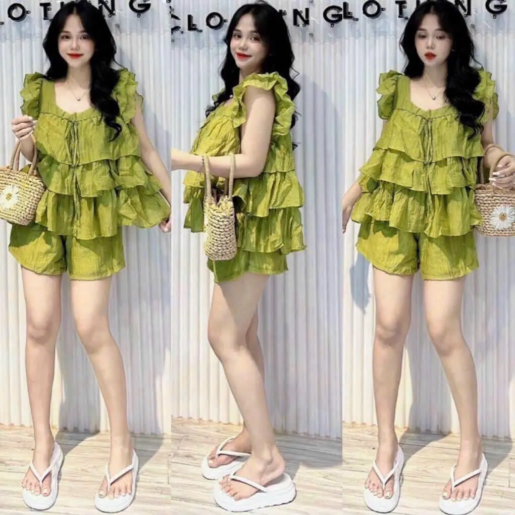 Sét Đồ Bộ Đi biển mùa hè mặc Đi chơi, sét Đồ nữ tay cánh tiên chất Đũi tầng có 4 màu