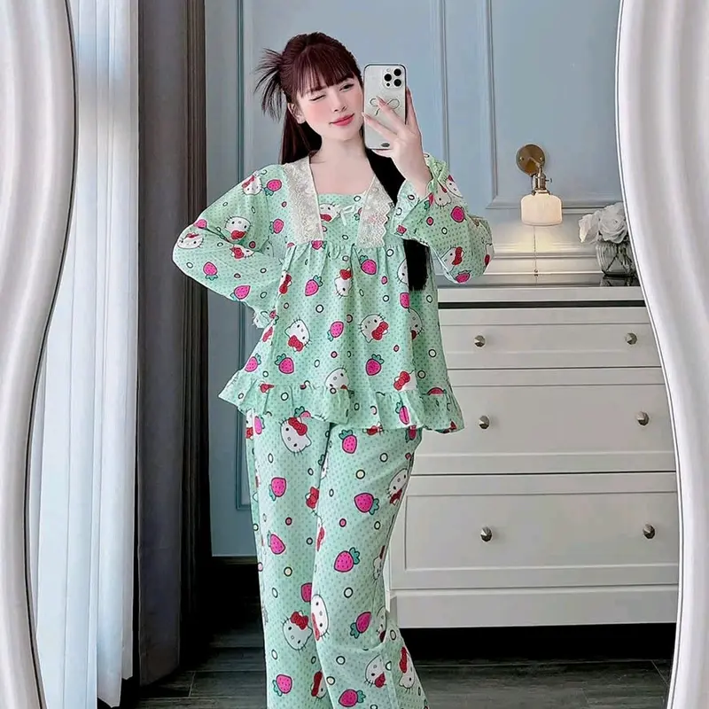 Bộ tiểu thư tay dài 40/60kg viền ren nhúng bèo chất đũi sốp .đồ mặc nhà thoáng mát Nhung Tim 1