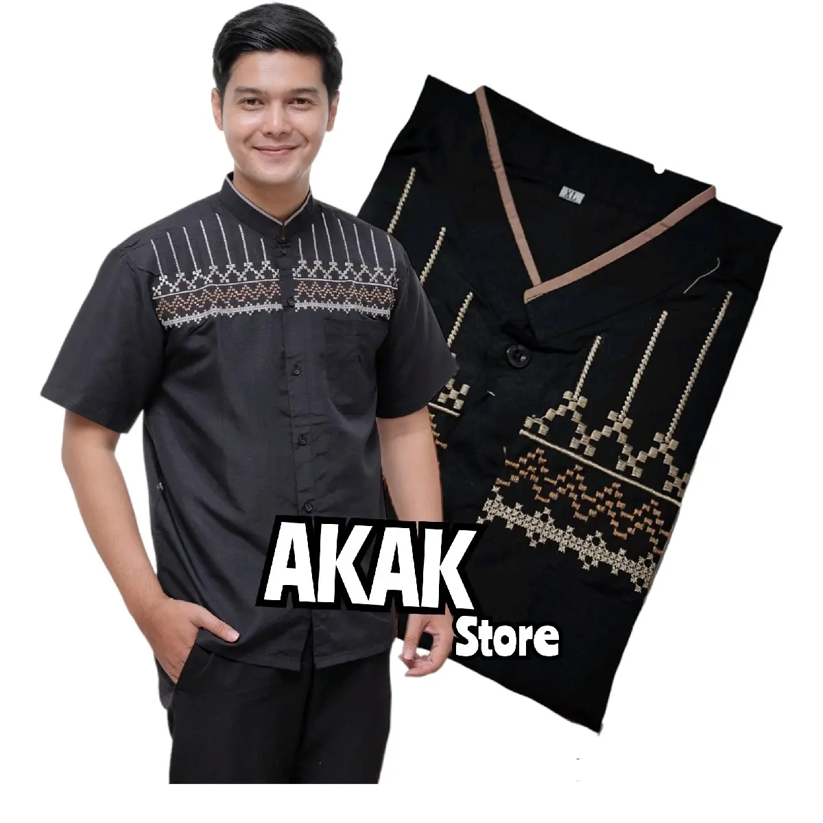 Baju Koko Pria Lengan Pendek Bordir Hitam Cokelat Navy Putih Dewasa Kain Katun Muslim
