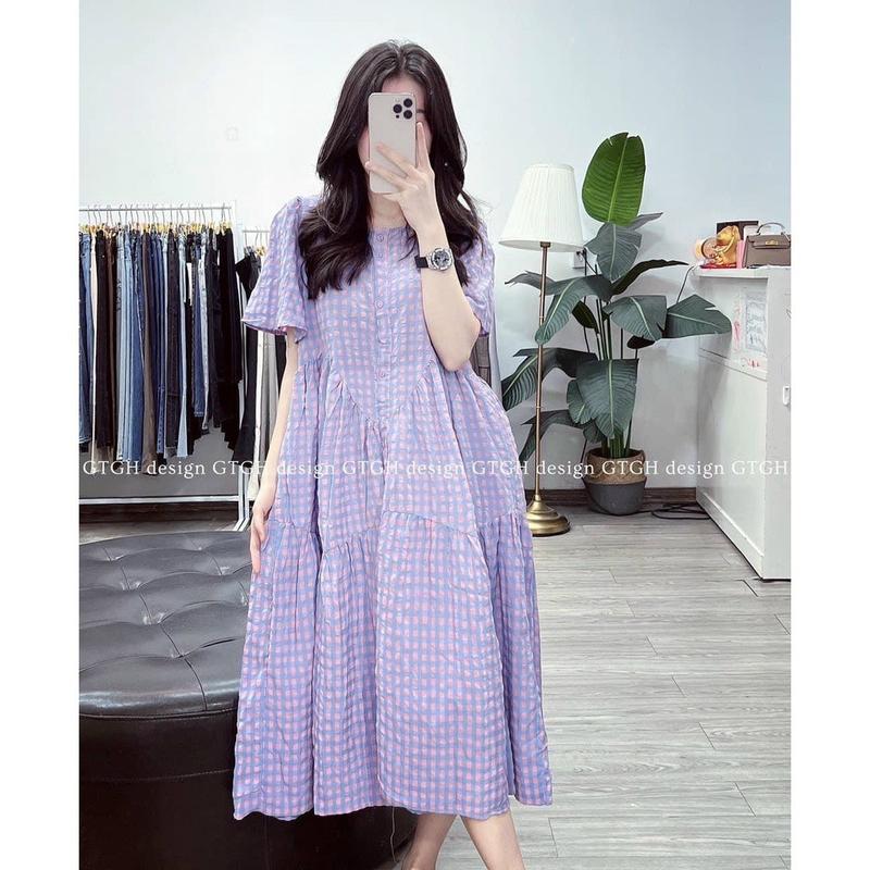 Váy bầu, đầm bầu cộc tay mùa hè thiết kế (cổ tròn)caro sang chảnh dáng babydoll dài qua gối M05 Nữ Voi Women Voan Dress Kem đỏ đính đá váy cho váy cho váy cho