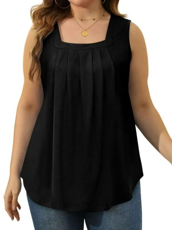 【Plus Size】 Plain Plicated Square Neck Tank Top, Casual Basic Minimalist Comfort Sleeveless Top for Daily Wear, Tank Tops for Women, Lady Plus Clothing for Spring, Womenswear, Summer Clothes 4