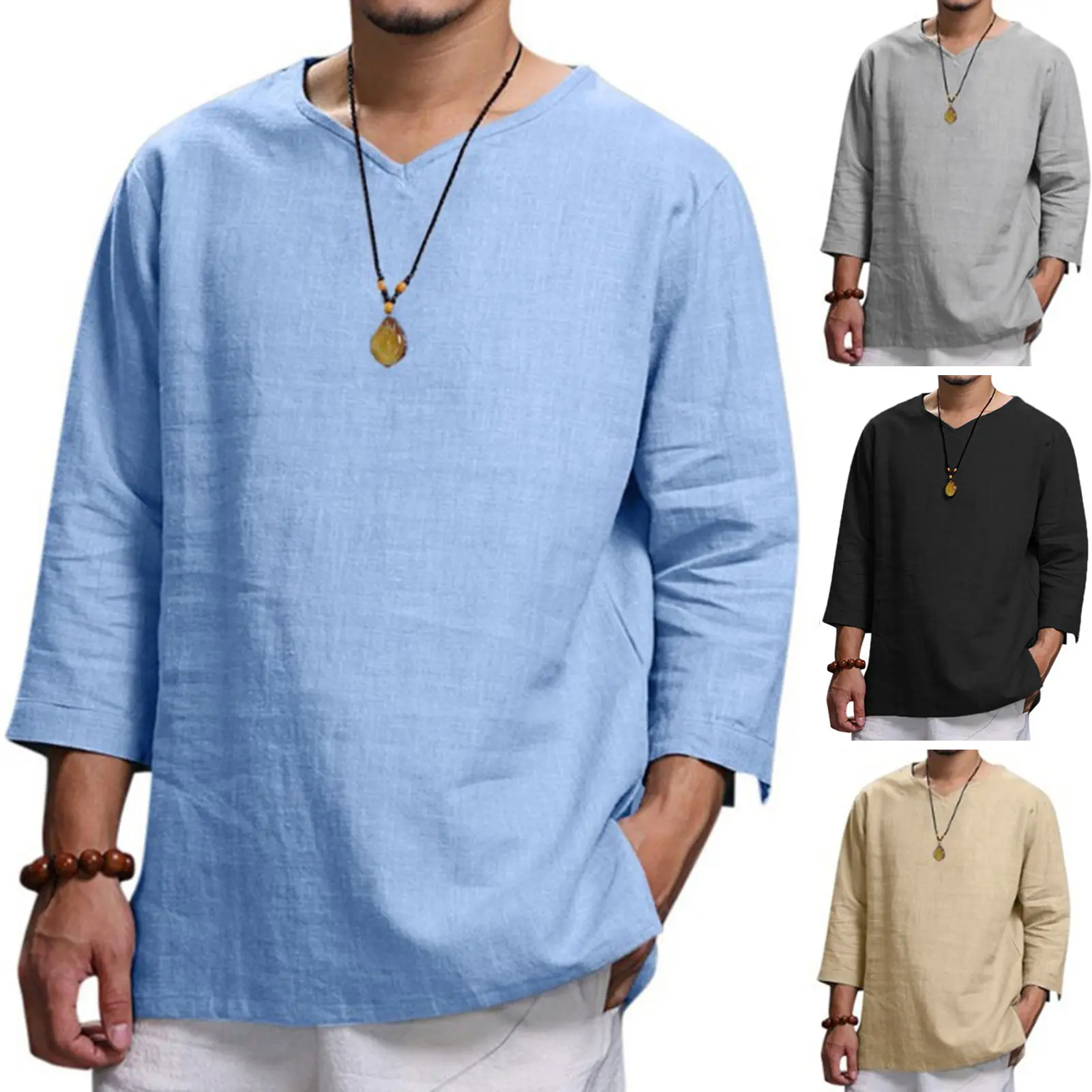 Huxriqvy Men Shirt V-neck Long Sleeve Soft Comfortable Linen Blend Casual Spring Long Sleeves Top Daily Wear