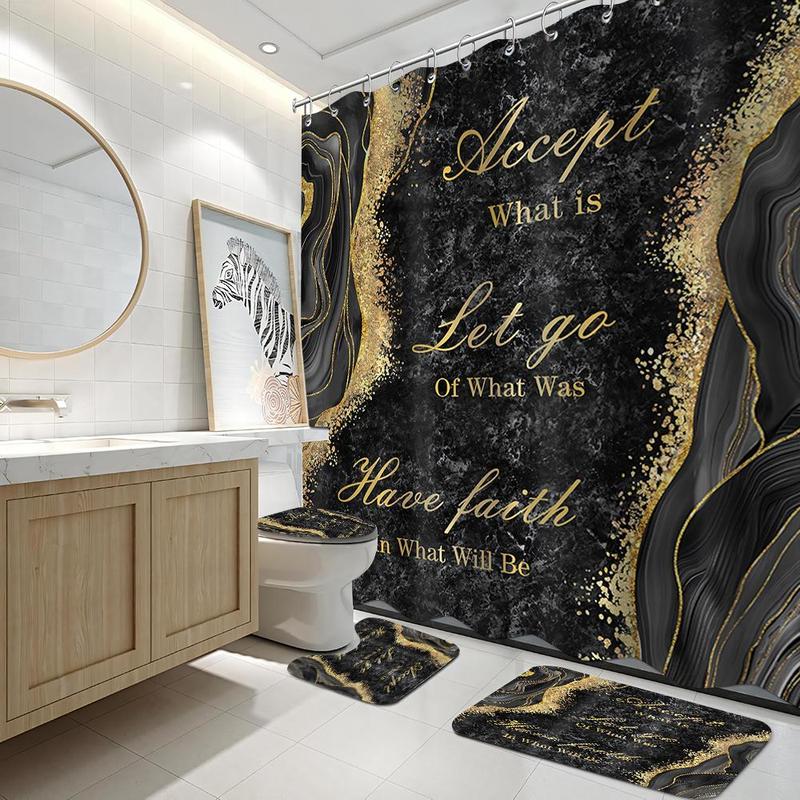Marble Pattern Bathroom Accessories, 1 Set Including Shower Curtain with 12 Hooks, Non Slip Bath Mat, U Shaped Rug, Toilet Lid Cover, Bathroom Decor Supplies 7