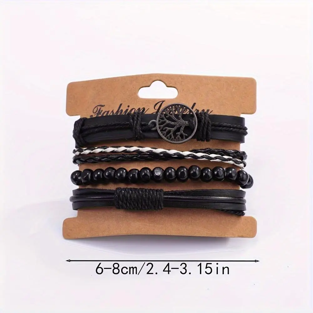 4pcs European and American Ethnic-style Multi-layer Leather Wax Rope Braided Bracelets, Hand-braided Wooden Bead Wrist Ropes with Tree of Life Accessories and Adjustable Size