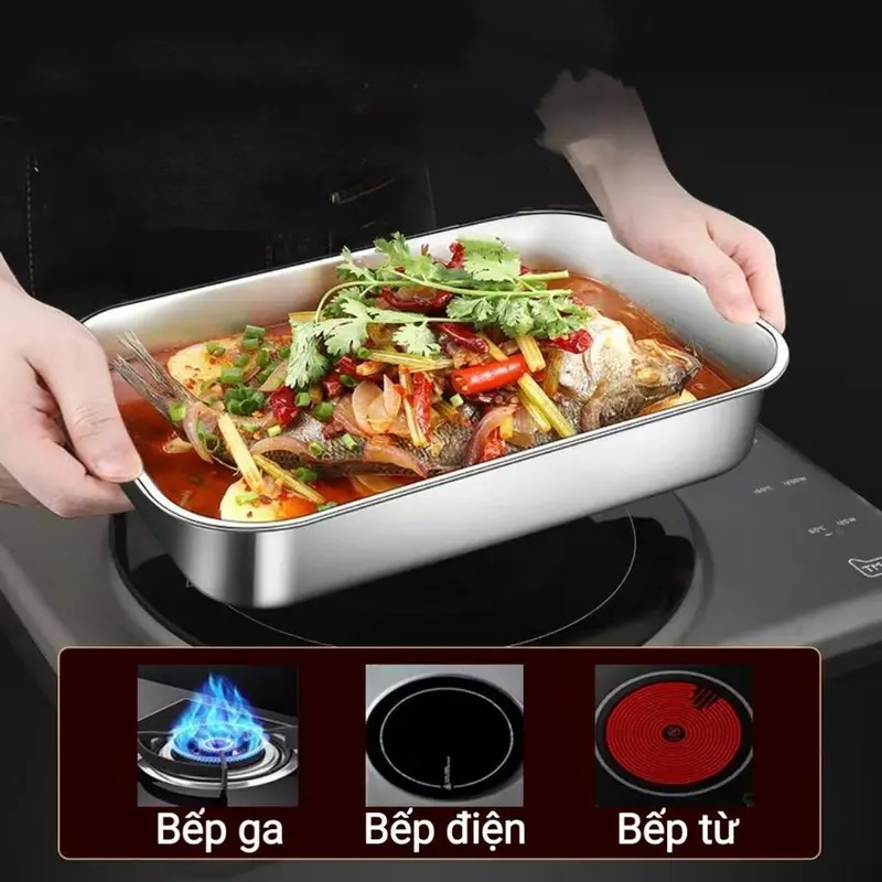 Khay Nấu Ăn Inox Sus410 Có Nắp Để Om cá, Nướng Bánh, Nấu Lẩu Đa Năng - Kích Thước 41cm x 24cm x 8cm 5