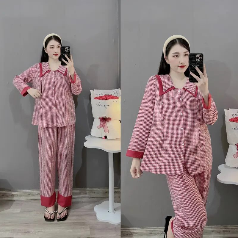 [XẢ KHO] Bộ Bầu - Bộ Sau Sinh, Chất Liệu Đũi Thái Kẻ Ô Nhỏ Cho Mẹ Bầu, Dáng Dài Cổ Nhọn 2 Lớp Có 5 Màu Mềm Mịn, Áo Có Khoá Kéo, Quần Có Chun Chỉnh Váy Bầu Đầm Bầu Dài Tay 2