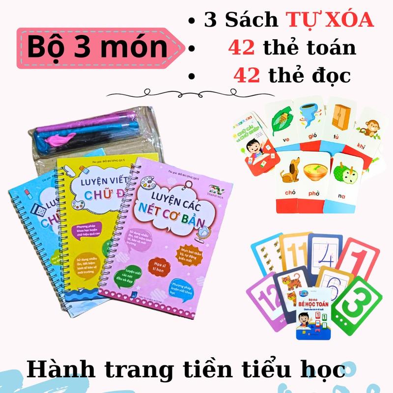 [ Bộ 3 món ] Gồm 3 Cuốn Sách Tập Tô Luyện Viết Cho Bé TỰ XÓA kèm 2 bút 8 ngòi 2 đệm bút và 42 thẻ học toán tư duy và 42 thẻ Flash card Chữ Cái và Chữ Ghép Vietnam Không rút gọn