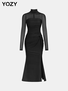 YOZY Women's Sheer Split Thigh Tulle Dress, Elegant Long Sleeve High Neck Dress for Party Club Dating Wear, Women's Dress for Spring & Fall