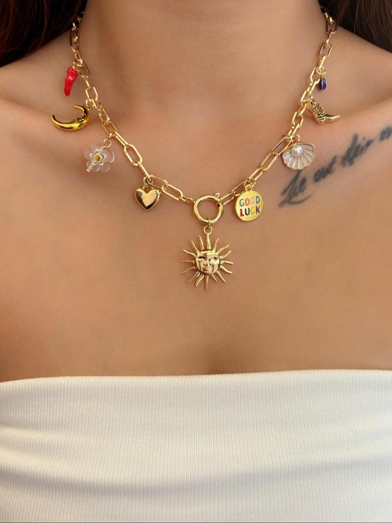 Product Introduction of Faux Pearl Decorated Pendant Necklace, Sun & Shell & Pepper & Heart Design Necklace for Women for Gift, Elegant All-match Fashion Accessories for Daily Wear 10