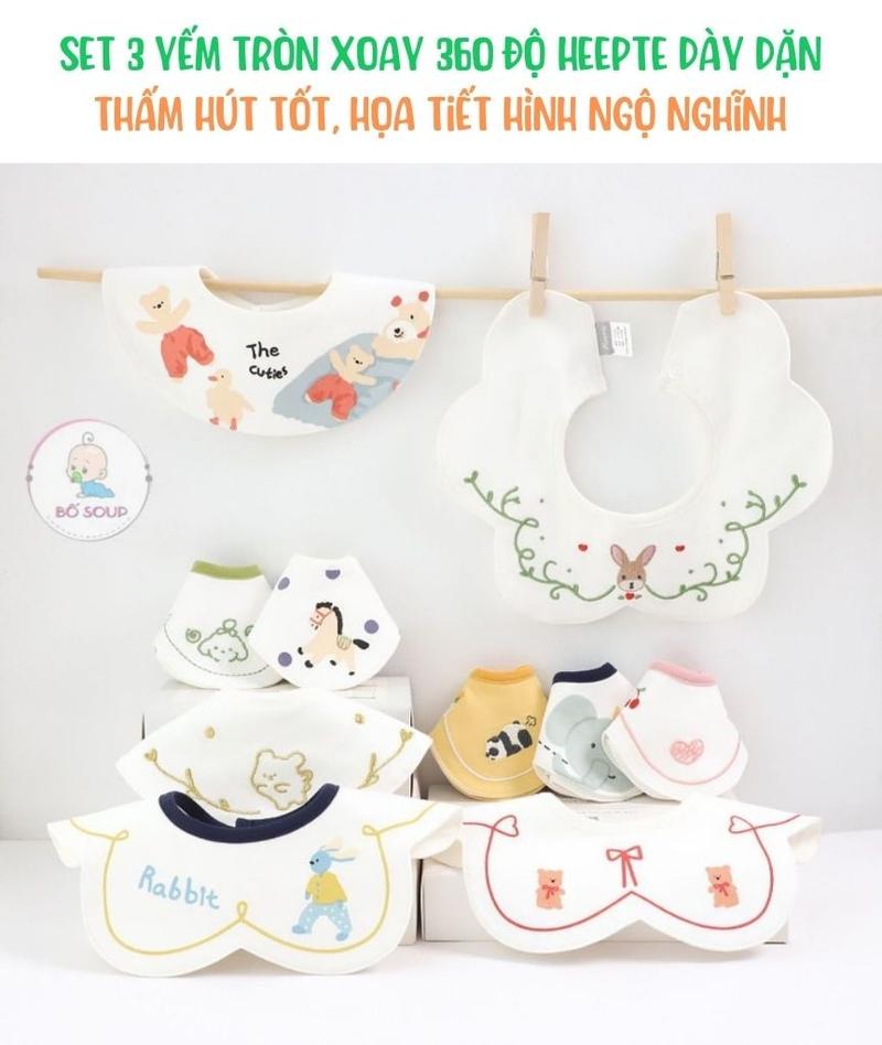 Product Introduction of Set 3 yếm tròn xoay 360 độ Heepte dày dặn thấm hút tốt, họa tiết hình ngộ nghĩnh 2