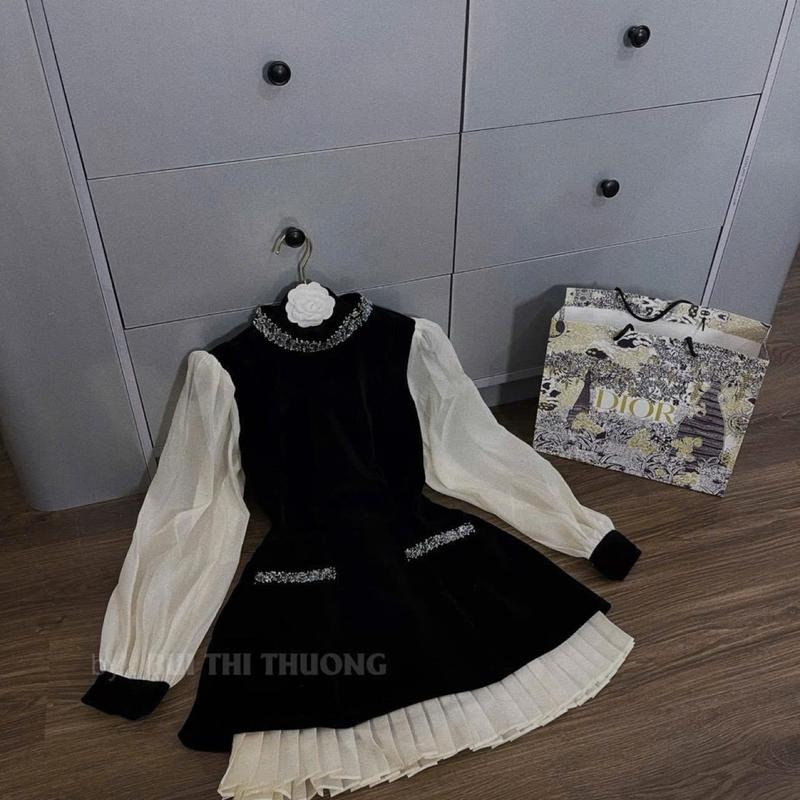 Váy nữ Váy Thiết Kế Đính Đá Ngọc Đầm Viền Cổ Tà Váy Phối Xếp Ly Tơ Óng Tiểu Thư Màu Đen Nhung Sang Chảnh 5