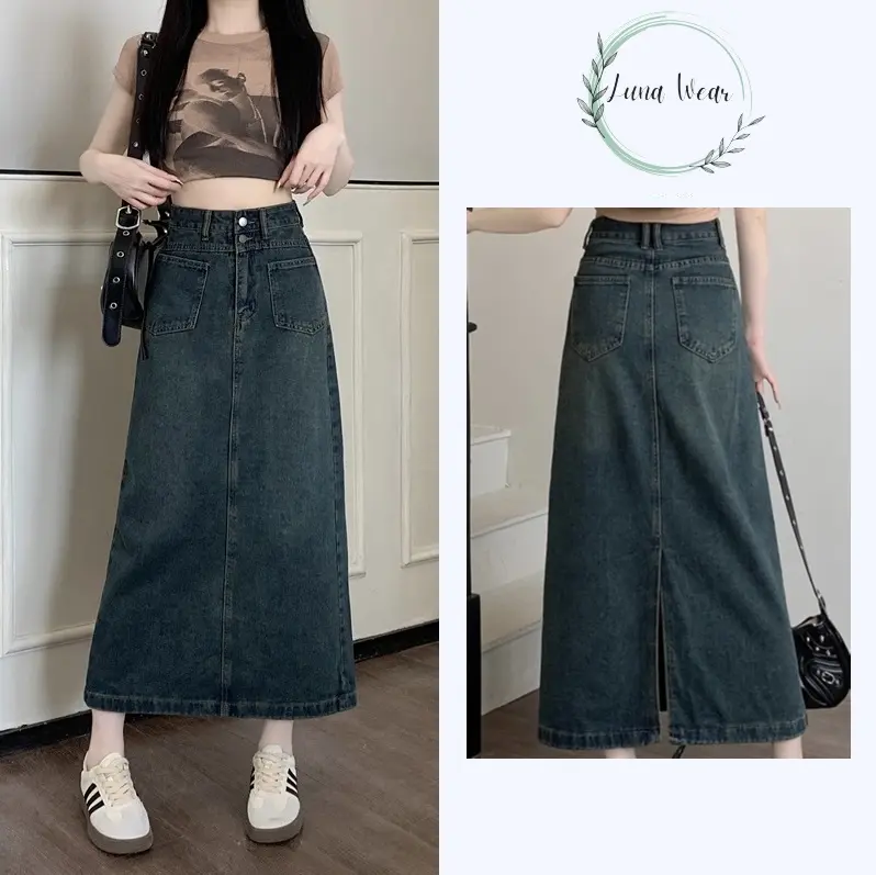 Chân váy jean dáng dài LUNA WEAR cạp cao, chân váy bò chữ A xẻ sau phối túi trước tôn dáng thanh lịch  A43