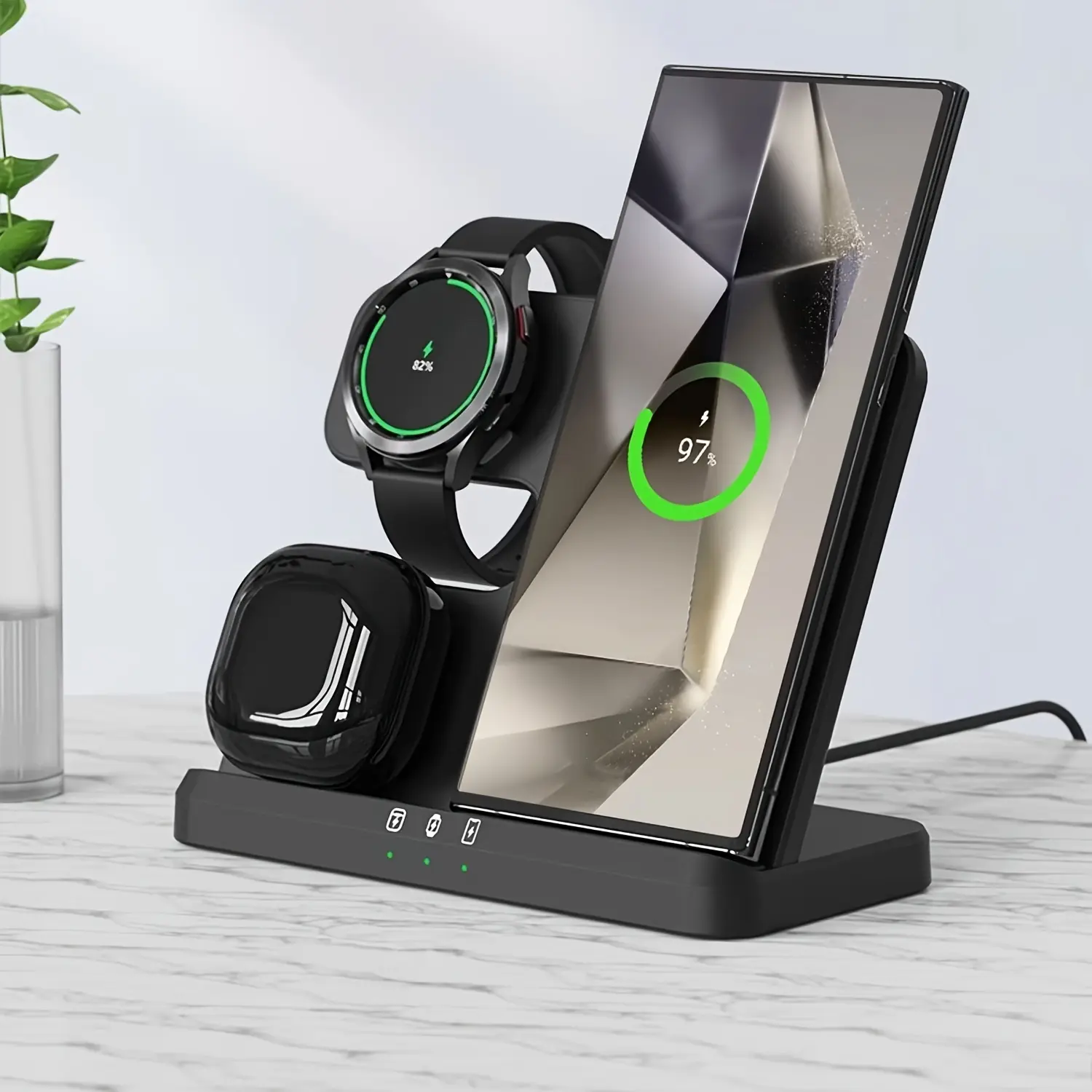 Applicable to Samsung Mobile Phone Galaxy Watch7/5/4/3 Watch Headset Three-in-One 15W Wireless Charger Samsung S24s23 Vertical Wireless Charging Set Buds2 Charger tripod