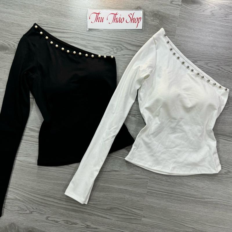  ÁO THUN TAY DÀI LỆCH VAI 1 BÊN ĐÍNH KHUY CÓ KÈM MÚT ĐỆM  FOM DÁNG VỪA 