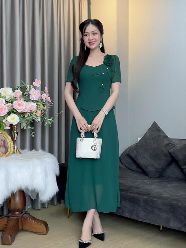 LINHTRA Đầm Trung Niên Linh Trà TM3422 Bigsize Chất Liệu Chiffon Màu Cacao Xanh Rêu Thiết Kế Sang Trọng Phù Hợp Đi Làm Đi Tiệc Cho Bà Mẹ