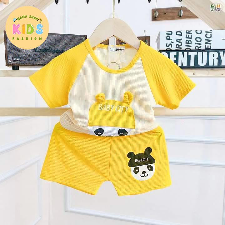 [5 bộ cộc tay] Bộ đồ cho bé trai bé gái chất thun tăm in hình gấu trúc mũ to cho bé từ 5-16kg - B21 5